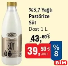 DOST %3,7 YAĞLI PASTÖRİZE SÜT 1 L